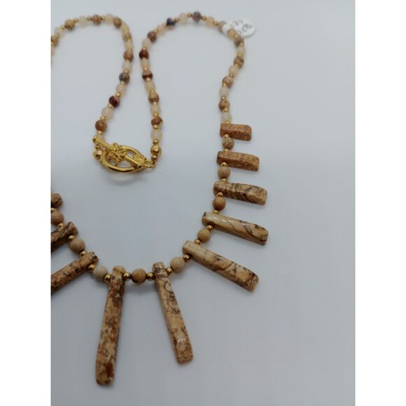 Natural Stone Jasper Quartz Gold Tone Beaded Bib 20" Toggle Clasp Necklace - Picture 4 of 6